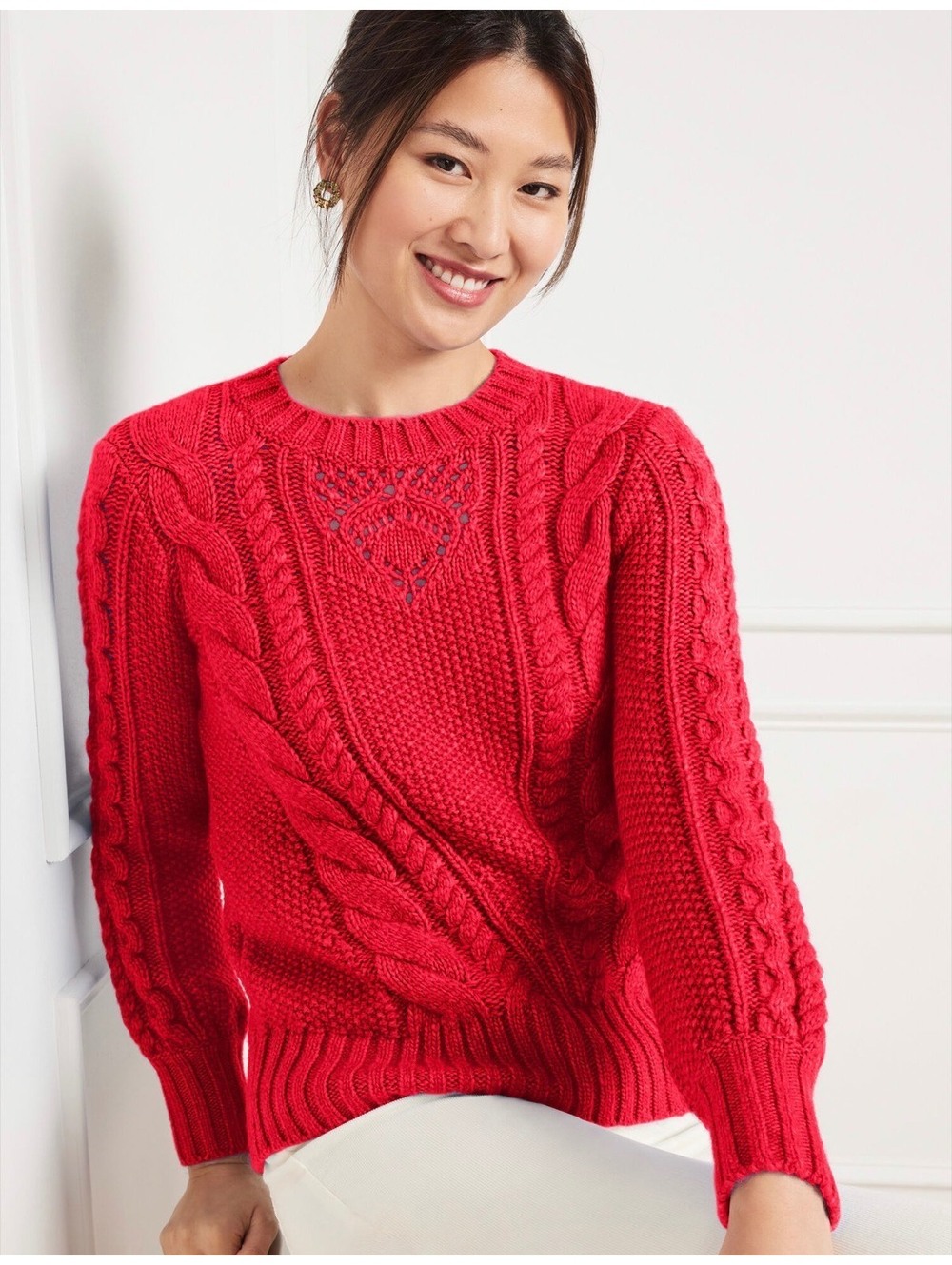 Talbots Red Cable Knit Wool Blend Balloon Sleeve Sweater Size L